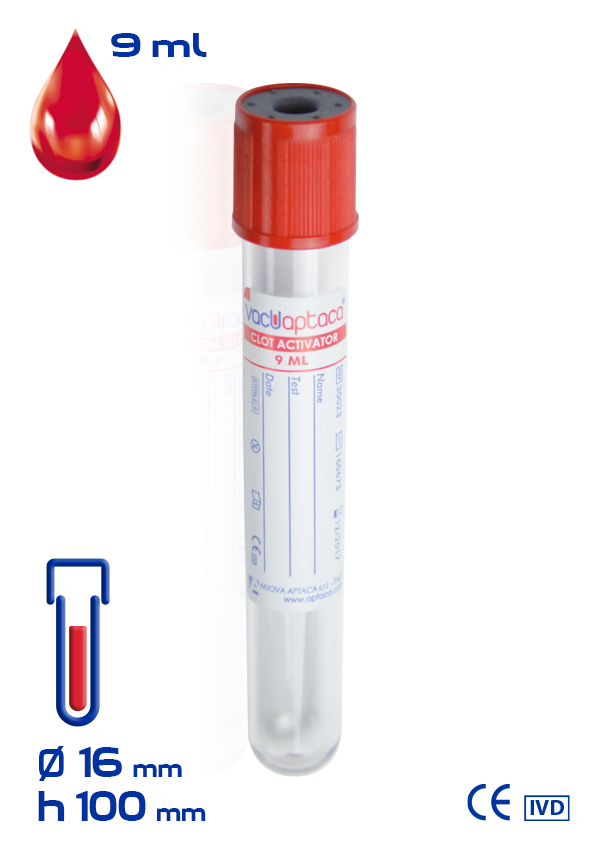 Вакуумна пробірка з активатором згустку з ПЕT, об. 9 ml (мл), діаметр 16x100 mm (мм), стерильна, червона кришка та етикетка (100 шт/уп) (30023)